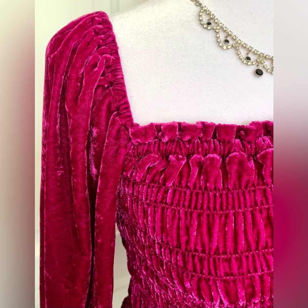 Anthropologie Square Neck Princess Sleeve Smocked Bodice Velvety Top - Magenta
